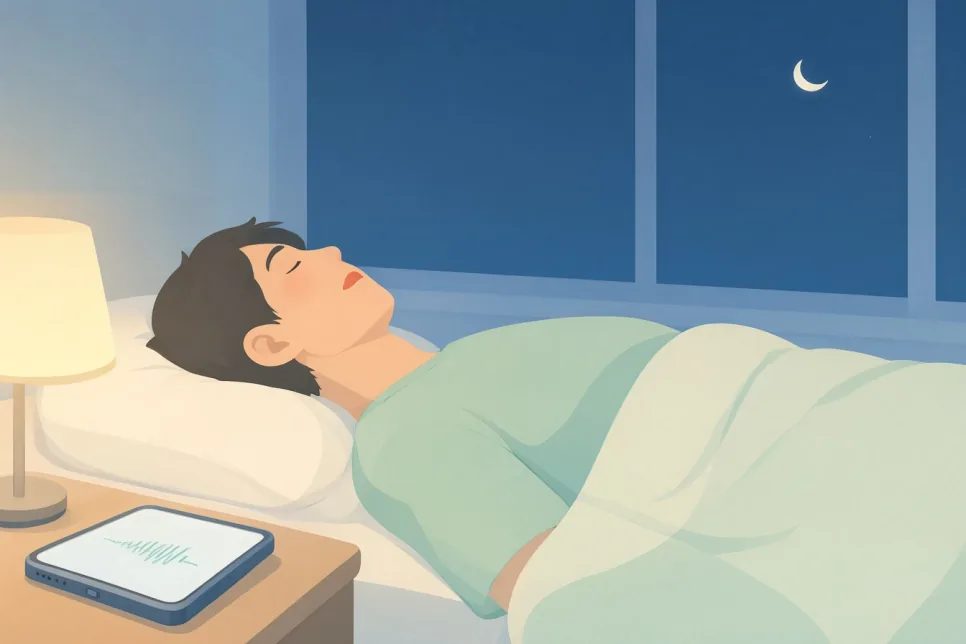 침대 옆 협탁에 스마트폰을 두고 잠든 사람 그림